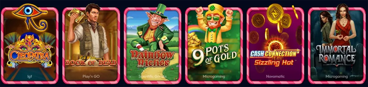 Casino game tiles featuring Cleopatra, Rich Wilde Book of Dead, Rainbow Riches, 9 Pots of Gold, Cash Connection Sizzling Hot, and Immortal Romance, shown in bright pink-framed cards on a dark blue background.