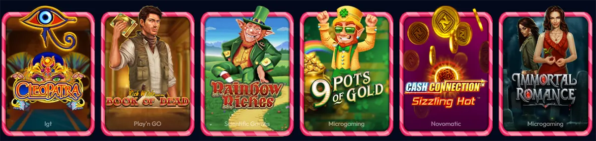 Casino game tiles featuring Cleopatra, Rich Wilde Book of Dead, Rainbow Riches, 9 Pots of Gold, Cash Connection Sizzling Hot, and Immortal Romance, shown in bright pink-framed cards on a dark blue background.