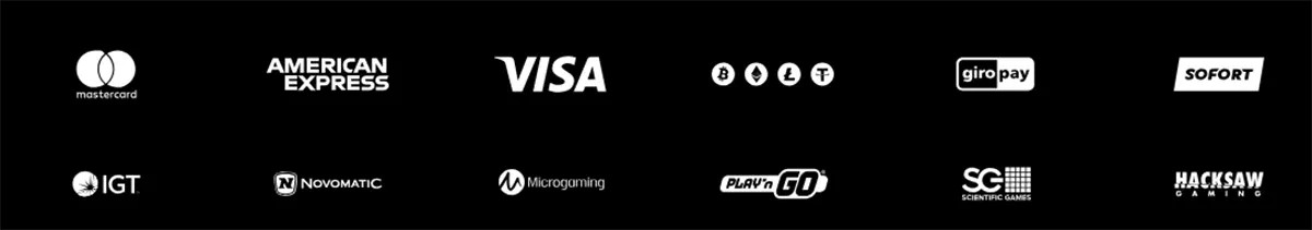 Black footer row with payment and provider logos including Mastercard, American Express, Visa, cryptocurrency icons, Giropay, Sofort, IGT, Novomatic, Microgaming, Play’n GO, Scientific Games, and Hacksaw Gaming.