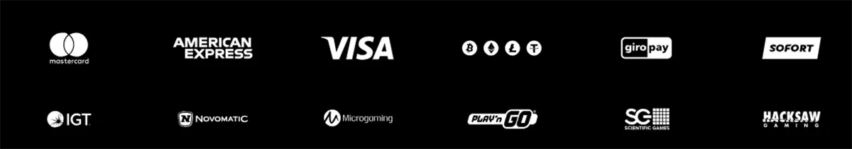 Black footer row with payment and provider logos including Mastercard, American Express, Visa, cryptocurrency icons, Giropay, Sofort, IGT, Novomatic, Microgaming, Play’n GO, Scientific Games, and Hacksaw Gaming.