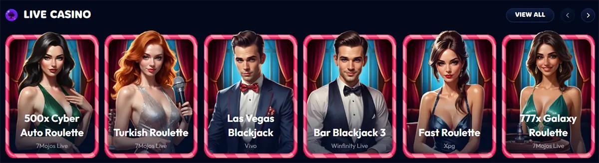 Live casino section with pink-framed game tiles featuring 500x Cyber Auto Roulette, Turkish Roulette, Las Vegas Blackjack, Bar Blackjack 3, Fast Roulette, and 777x Galaxy Roulette, plus a “View All” button on a dark blue interface.