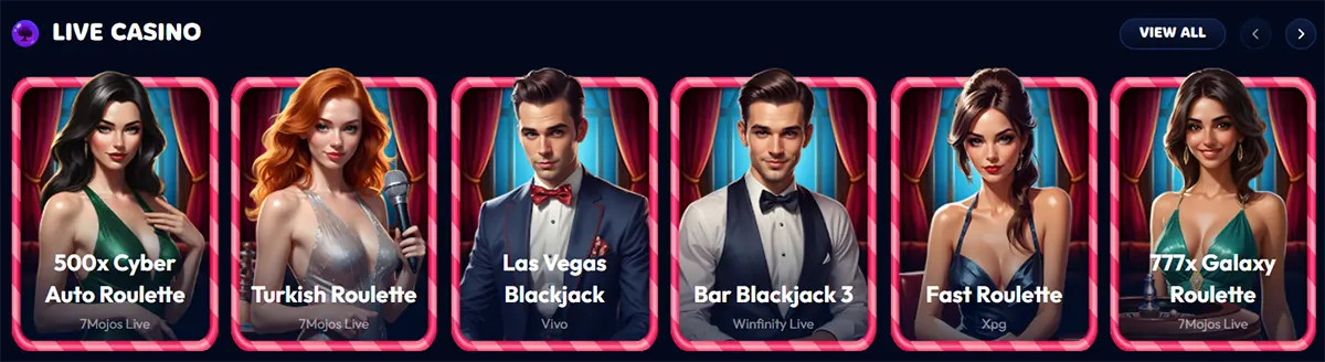 Live casino section with pink-framed game tiles featuring 500x Cyber Auto Roulette, Turkish Roulette, Las Vegas Blackjack, Bar Blackjack 3, Fast Roulette, and 777x Galaxy Roulette, plus a “View All” button on a dark blue interface.