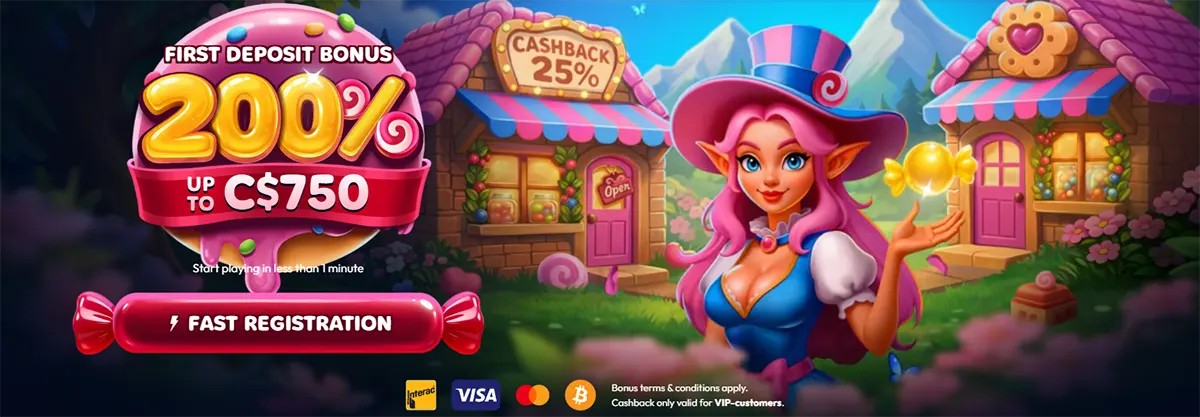 Candy-themed casino welcome banner featuring a pink-haired fantasy hostess, a first deposit bonus of 200% up to C$750, a “Fast Registration” button, cashback signage, and payment icons including Interac, Visa, Mastercard, and Bitcoin.