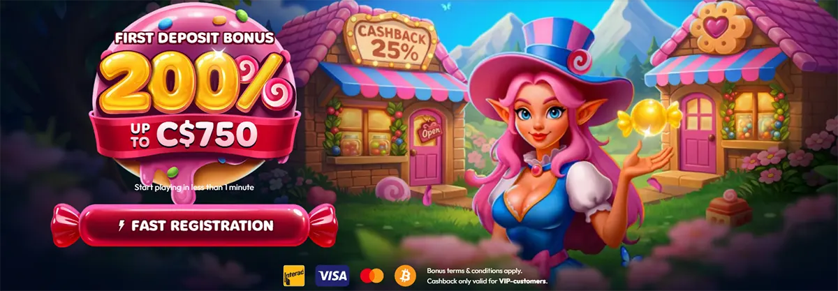 Candy-themed casino welcome banner featuring a pink-haired fantasy hostess, a first deposit bonus of 200% up to C$750, a “Fast Registration” button, cashback signage, and payment icons including Interac, Visa, Mastercard, and Bitcoin.