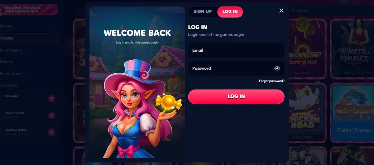 Casino login popup with sign-up and log-in tabs, email and password fields, a pink “Log In” button, forgot password link, and a cartoon fantasy hostess holding candy on a dark neon-themed casino background.