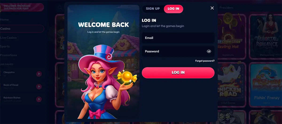 Casino login popup with sign-up and log-in tabs, email and password fields, a pink “Log In” button, forgot password link, and a cartoon fantasy hostess holding candy on a dark neon-themed casino background.